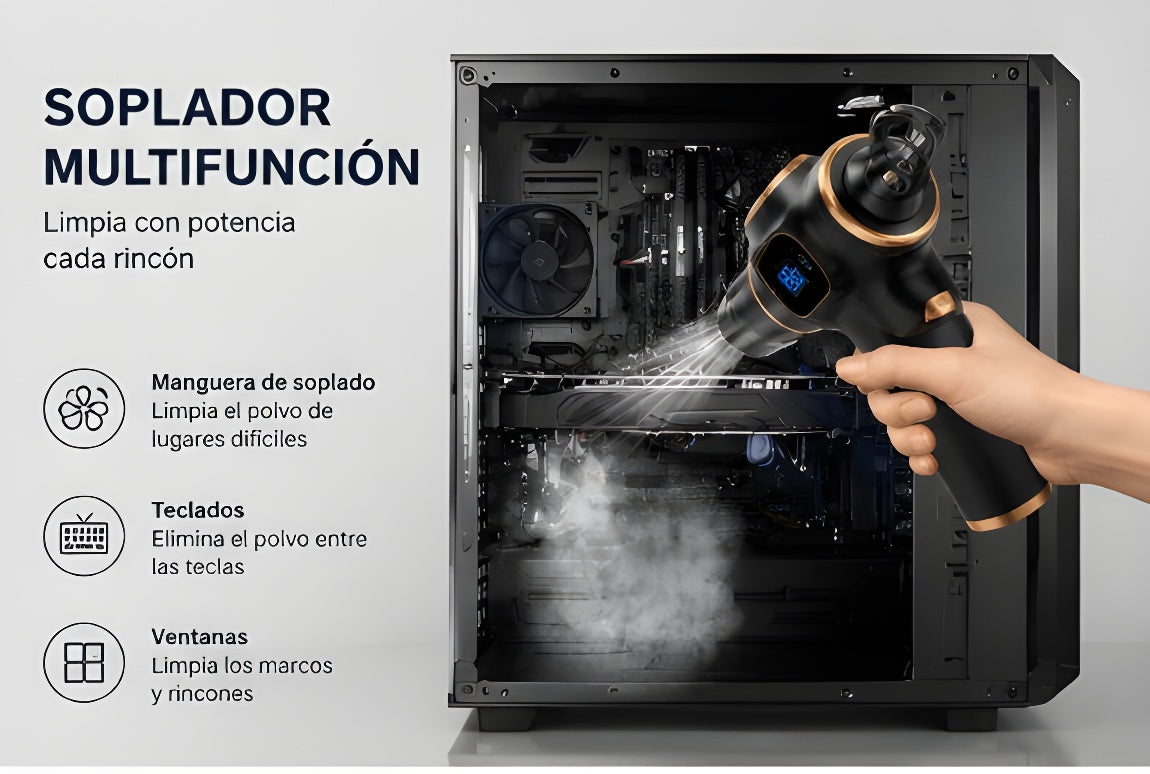 Aspirador Vielo en modo soplador limpiando el interior de un ordenador